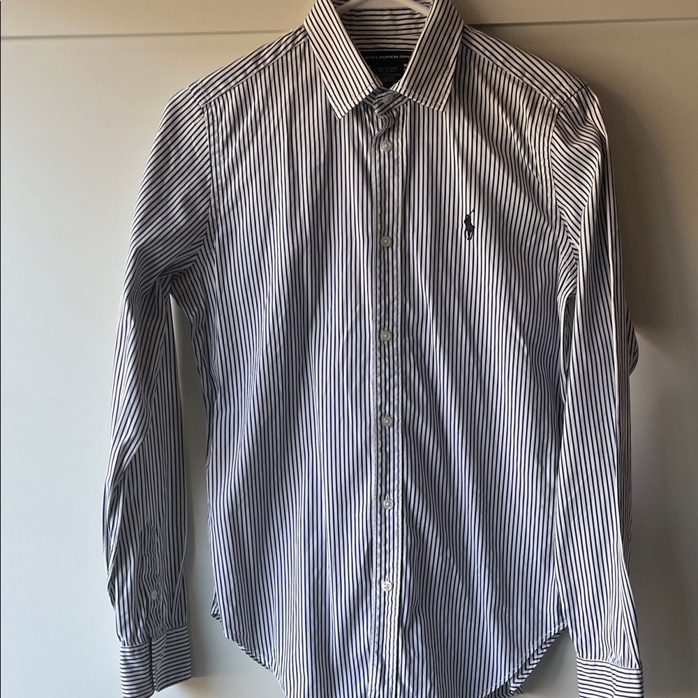 Ralph Lauren Women's Navy and White Striped Button Down Shirt